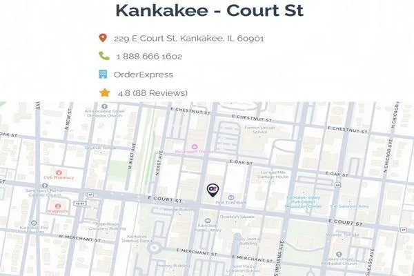 Mapa que muestra la sucursal de Order Express en Kankakee