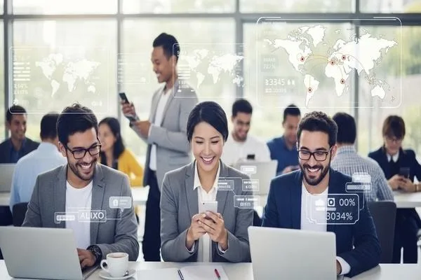 Equipo analizando datos digitales para corredores monetarios modernos.