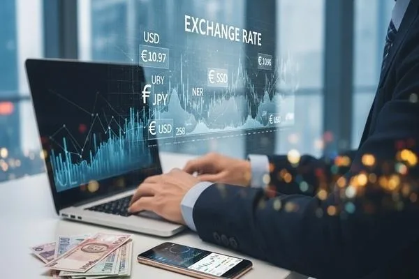 Profesional analizando los tipos de cambio en servicios financieros. 
