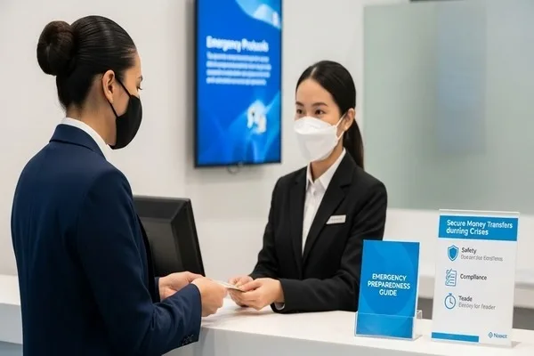 Customer receiving secure compliant money transfer assistance