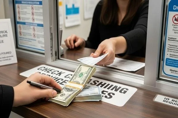 Cliente siguiendo las normas de cumplimiento para el cobro de cheques y así proteger sus finanzas. 