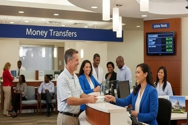 Asistencia de servicios financieros en el mostrador de transferencia de dinero de Little Rock