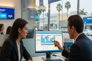 Cliente rastreando una transferencia de dinero en Los Angeles Olympic