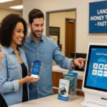 Clientes que completan transferencias de dinero fáciles en Lancaster