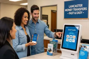 Clientes que completan transferencias de dinero fáciles en Lancaster