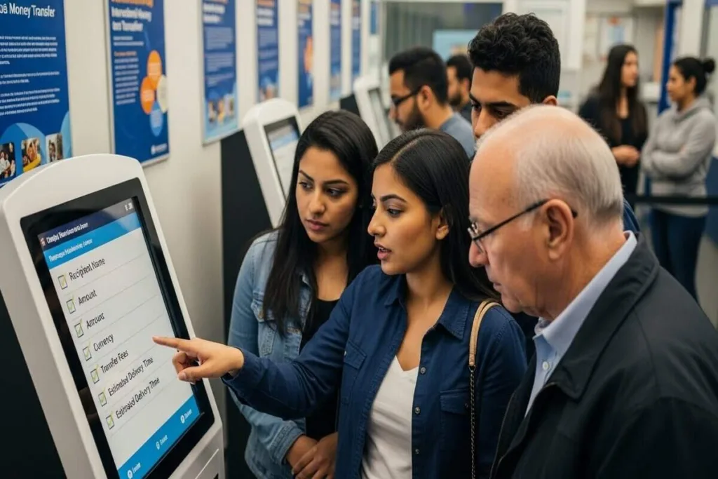 Clientes que revisan los detalles de una transferencia de dinero en Glendale