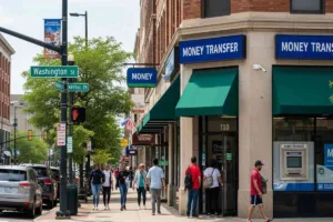 Personas caminando cerca de una transferencia de dinero en Waukegan
