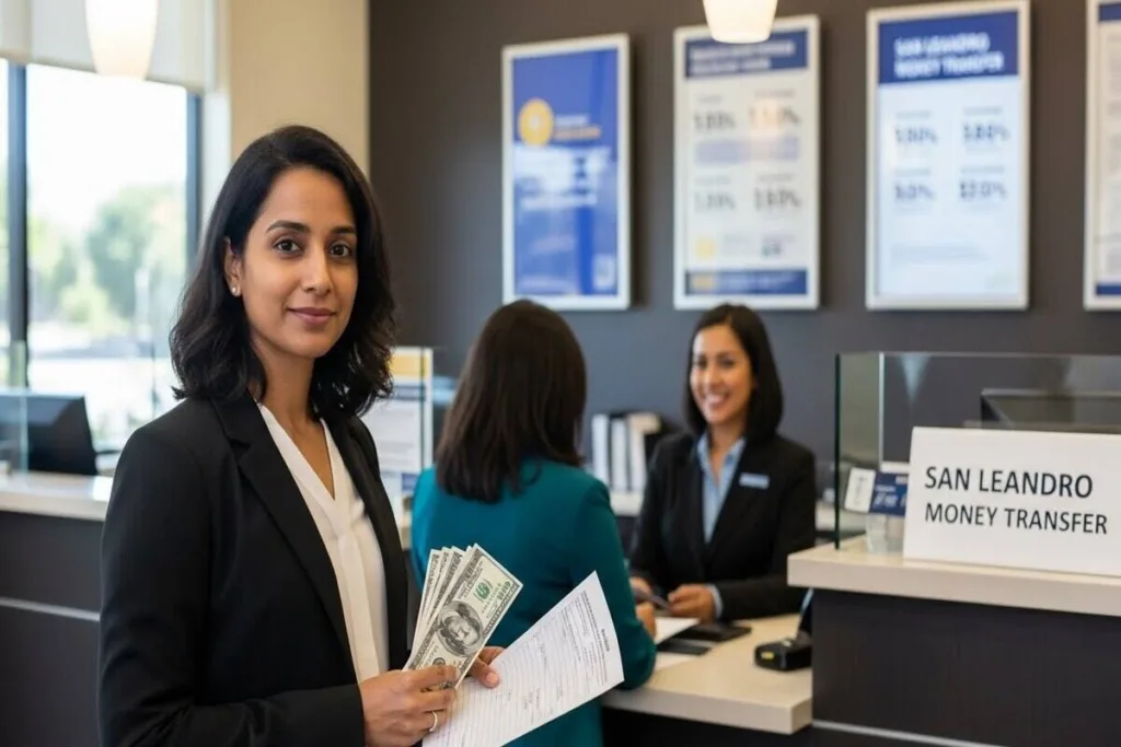 Mujer preparándose para una transferencia de dinero en San Leandro