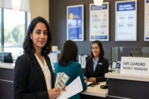 Mujer preparándose para una transferencia de dinero en San Leandro