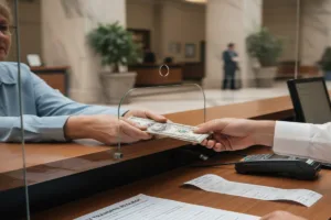 Close up cash exchange at counter for Money Transfer service.