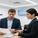 Customer reviewing Money Transfer cancellation form with staff at counter.