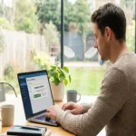 Man reviewing a pending Money Transfer on laptop at home.