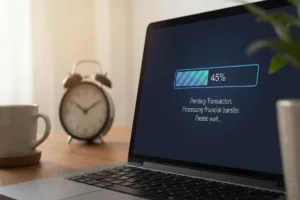 Pending Money Transfer displayed on laptop beside clock and coffee.