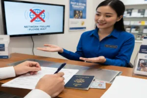 Staff assisting customer with Money Transfer during network failure issue.
