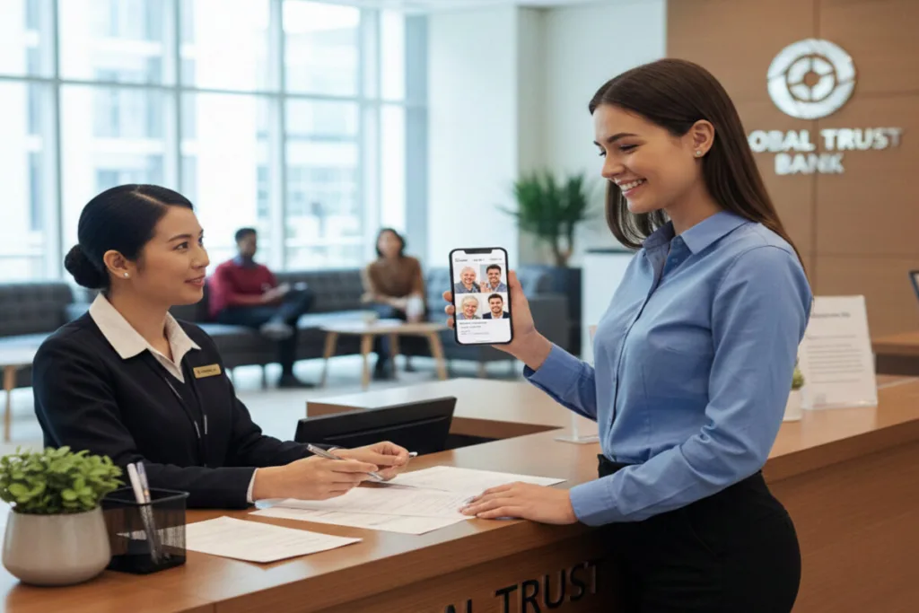 Woman completing Money Transfer while speaking with bank representative.