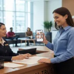 Woman completing Money Transfer while speaking with bank representative.