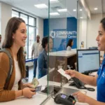 Woman receives Money Transfer cash at financial center service counter.