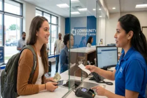 Woman receives Money Transfer cash at financial center service counter.