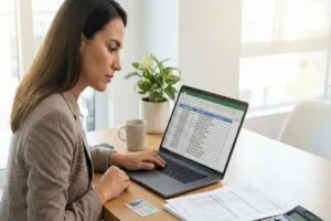 Woman reviewing Money Transfer records on laptop with documents