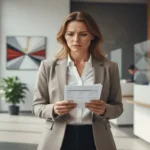 Worried woman holding Money Transfer document inside bank