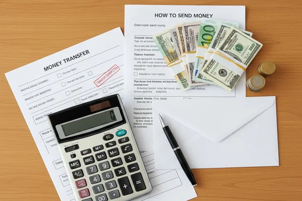 Desk displaying Money Transfer paperwork, cash stacks, and calculator.
