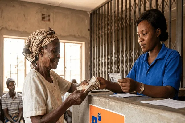 Elderly woman collecting Money Transfer funds from friendly agent.