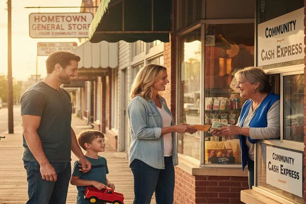 Family receiving cash from Money Transfer pickup window in town.