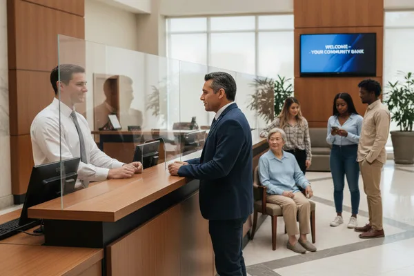 Lobby de una institución financiera con clientes que necesitan asistencia para transferencias de dinero.
Lobby de una institución financiera con clientes que necesitan asistencia para transferencias de dinero.
