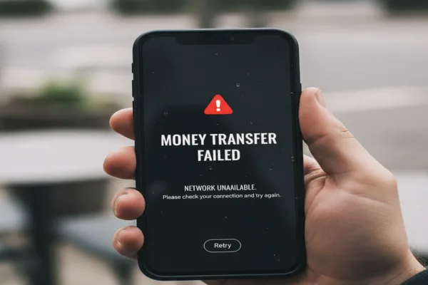 Mano que sostiene el teléfono y muestra una advertencia de error en la transferencia de dinero.

