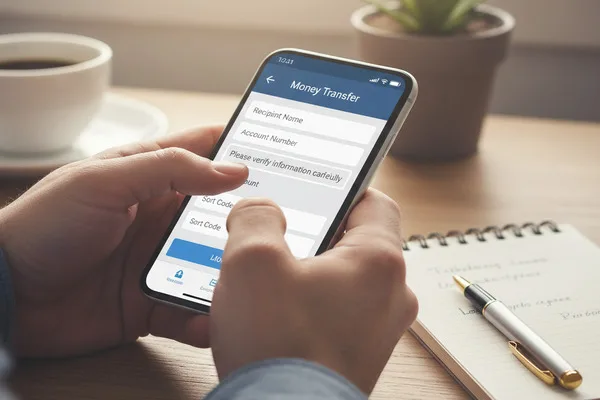 Person reviewing Money Transfer details on smartphone at desk.
