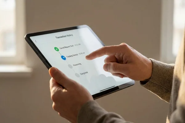 Persona revisando los detalles de seguimiento de una transferencia de dinero en la pantalla de una tableta digital.