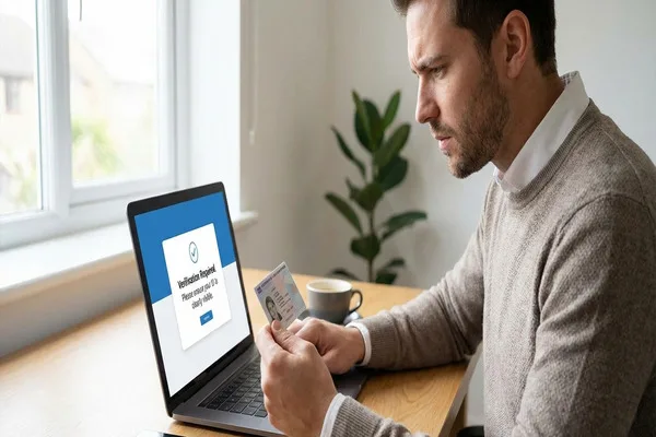 El usuario verifica su identificación para completar la verificación de transferencia de dinero pendiente en línea.
