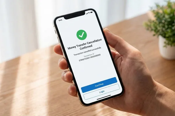 User holding phone showing confirmed Money Transfer cancellation message.
