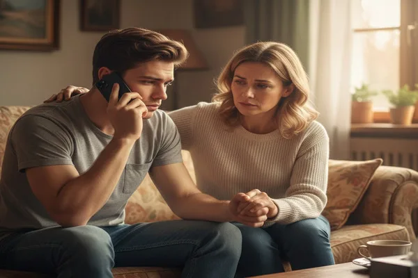 Worried family discussing urgent Money Transfer support during crisis.