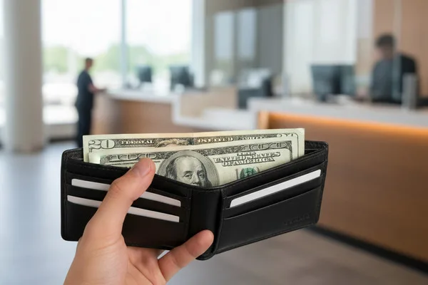 Cierra la billetera con billetes en la ubicación de transferencia de dinero.
