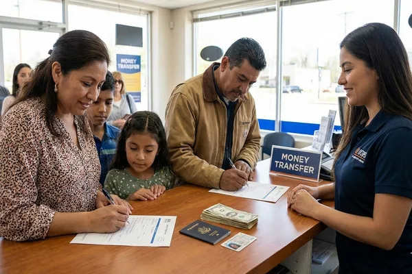 Clientes completando la documentación de transferencia de dinero en el mostrador de servicios financieros locales.