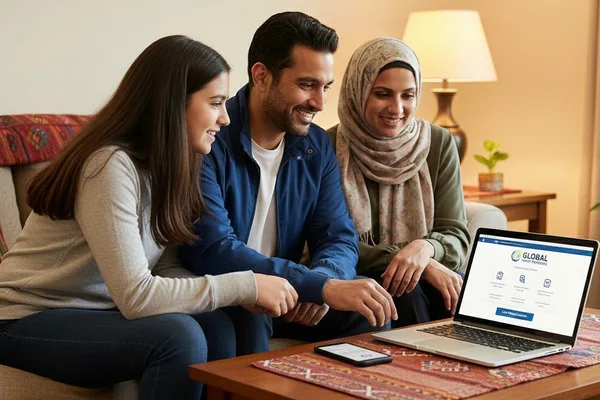 Family reviewing Money Transfer options together on a laptop at home.