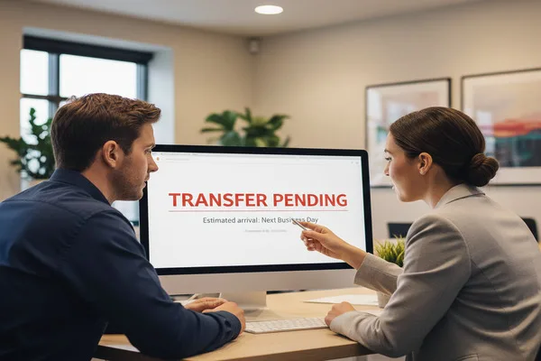 Agente financiero explica al cliente en el escritorio el estado pendiente de la transferencia de dinero.
