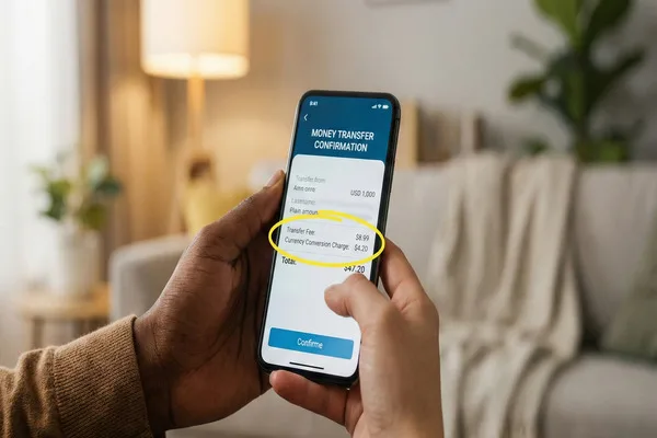 Manos sosteniendo el teléfono mostrando los cargos de transferencia de dinero resaltados claramente.
