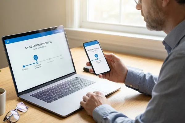 Hombre rastrea el progreso de cancelación de transferencia de dinero en una computadora portátil y un teléfono.