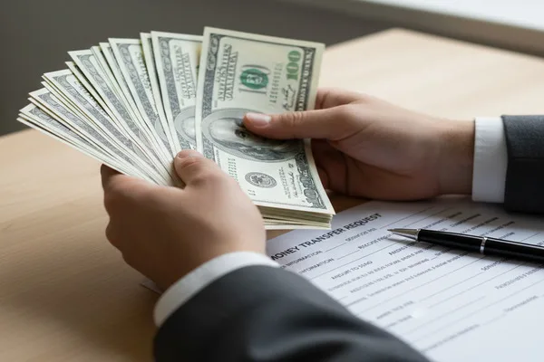Person counting cash near a Money Transfer request form.
