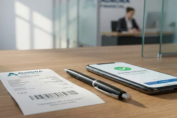 Receipt and phone showing completed Money Transfer transaction