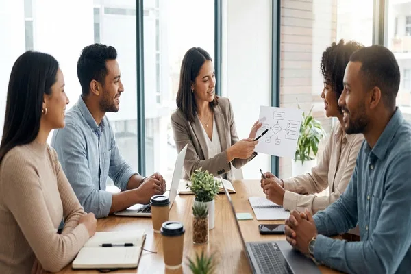 Team discussing Money Transfer process during collaborative office meeting
