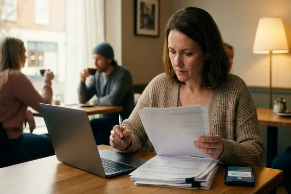 Woman analyzing paperwork alongside Money Transfer update on smartphone.