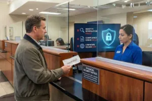 Banco revisando giro postal en el mostrador de caja
