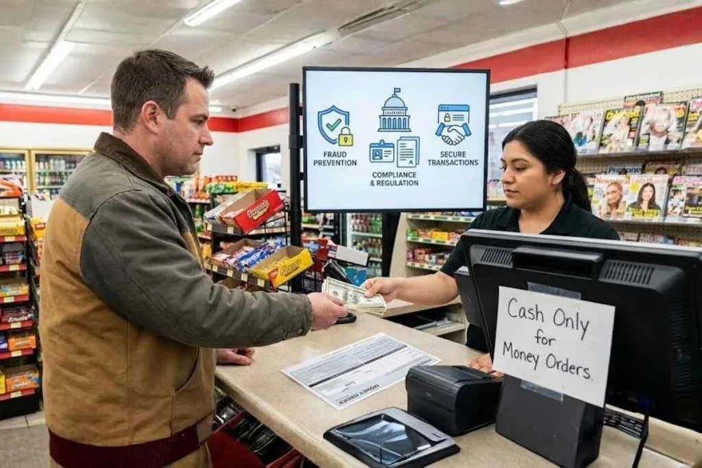 Cliente que paga en efectivo un giro postal