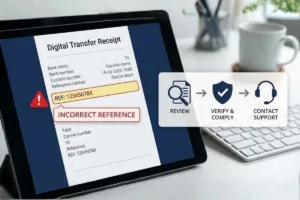 Recibo de transferencia de dinero que muestra una alerta de referencia incorrecta