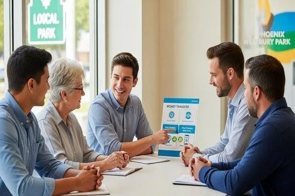 Equipo que explica las opciones de transferencia de dinero en Phoenix Westbury Park