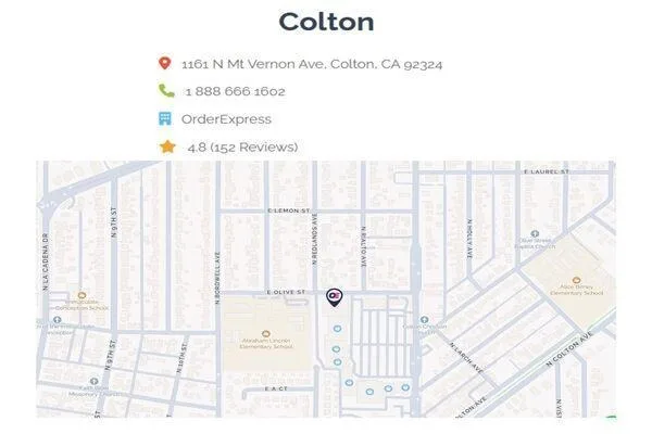  Mapa de ubicación y dirección de Order Express Colton, CA
