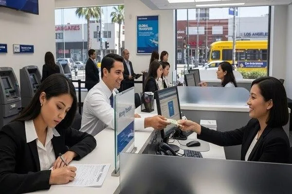 Customer completing a money transfer on Figueroa Street
